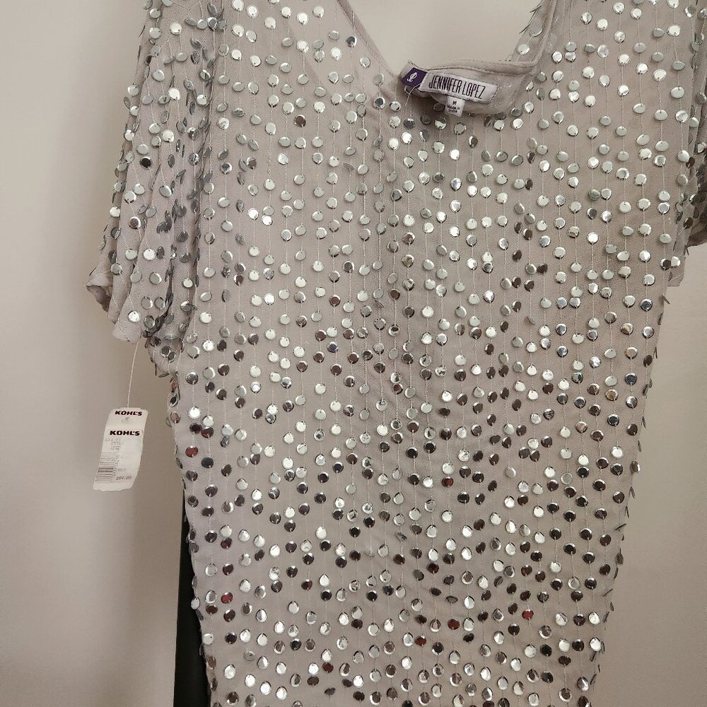 JENNIFER LOPEZ White/silver Sequined Shortsleeve Blouse Sz M - Picture 4 of 4